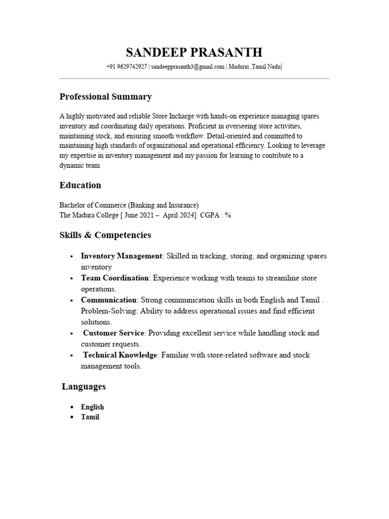 Store Incharge Resume - Inventory Expert | PDF