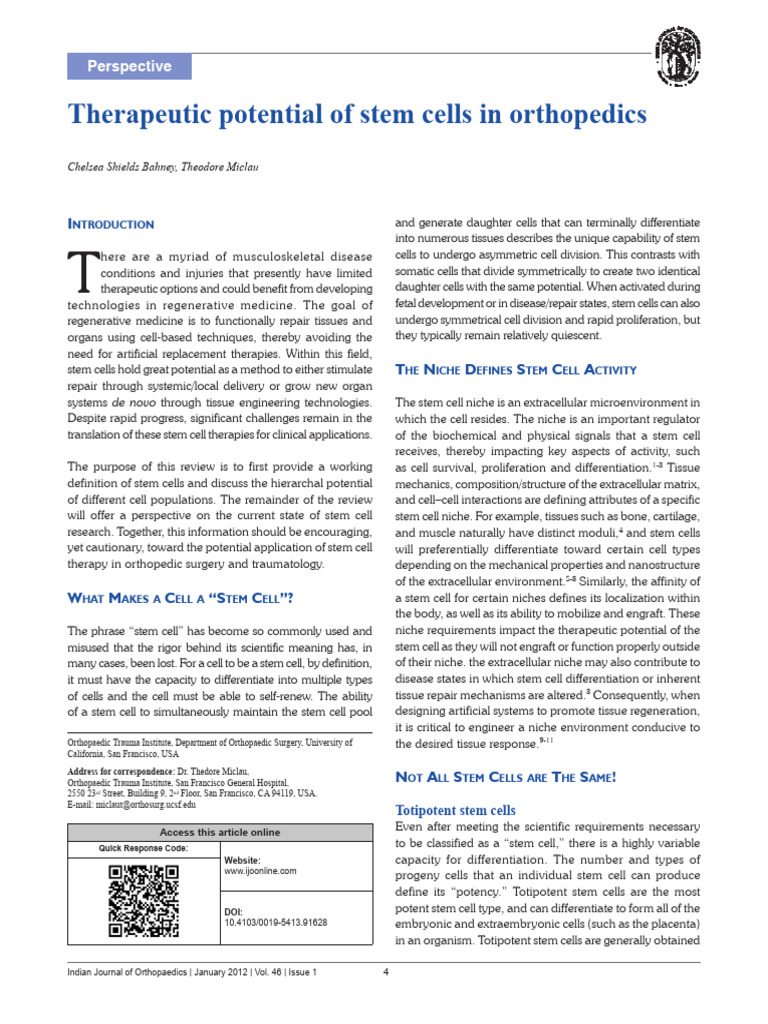 Stem Cells in Orthopedic Therapy | PDF | Cell Potency | Stem Cell