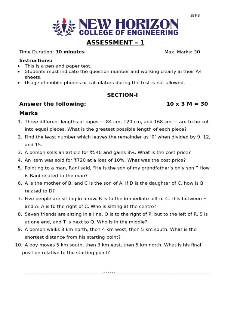 SET-B Assessment: Math & Logic Test | PDF