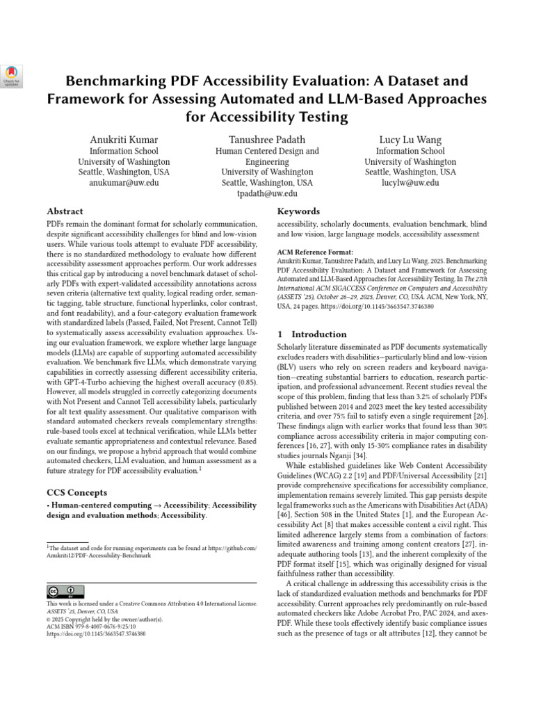 Benchmarking PDF Accessibility Evaluation: A Dataset and Framework For ...