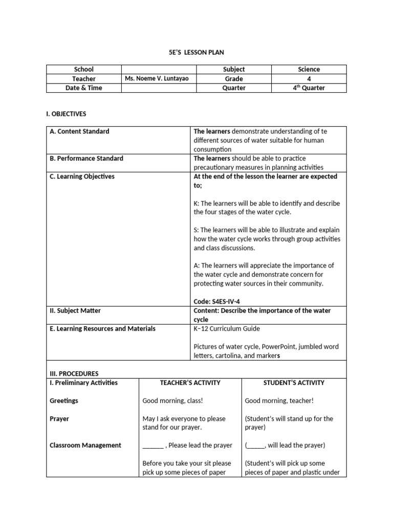 5E's Water Cycle Lesson Plan for Grade 4 | PDF | Water | Water Cycle