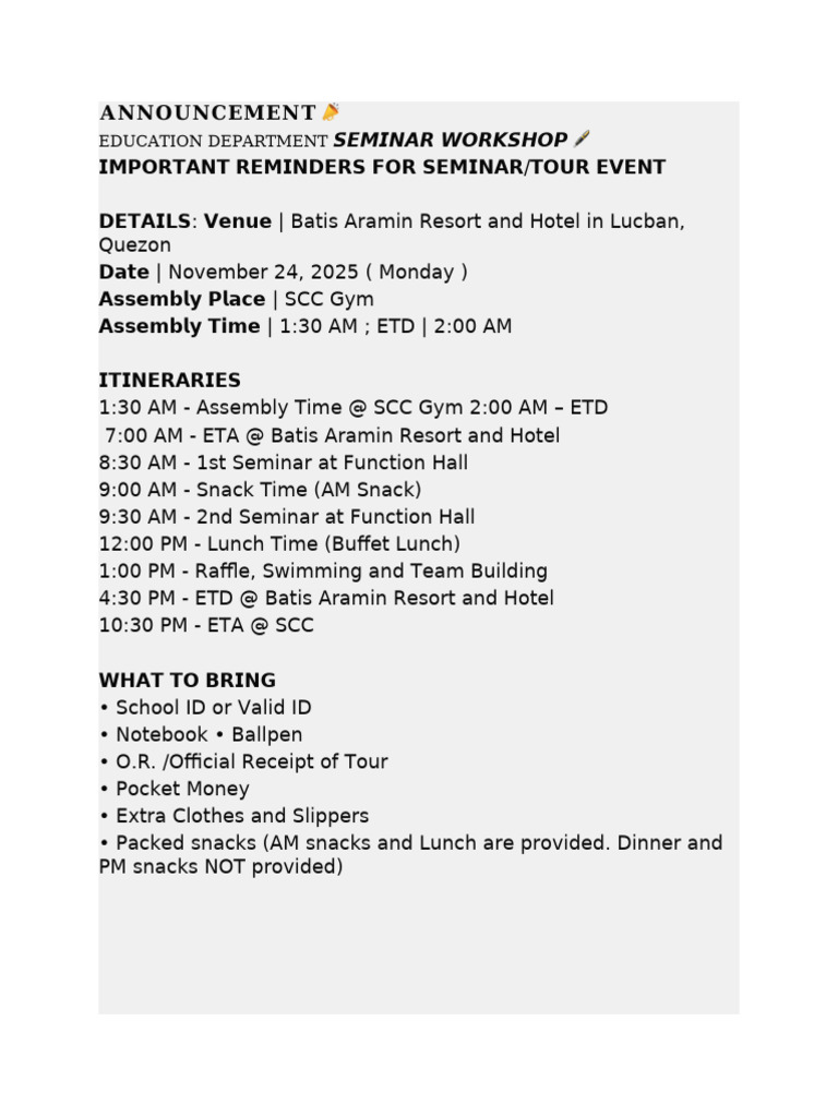 Seminar Workshop Details for Students | PDF