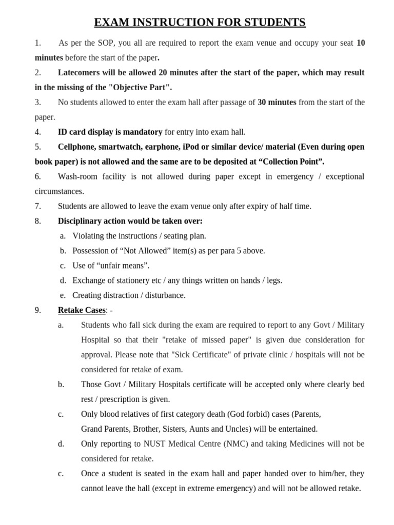 Exam Instructions for Students | PDF