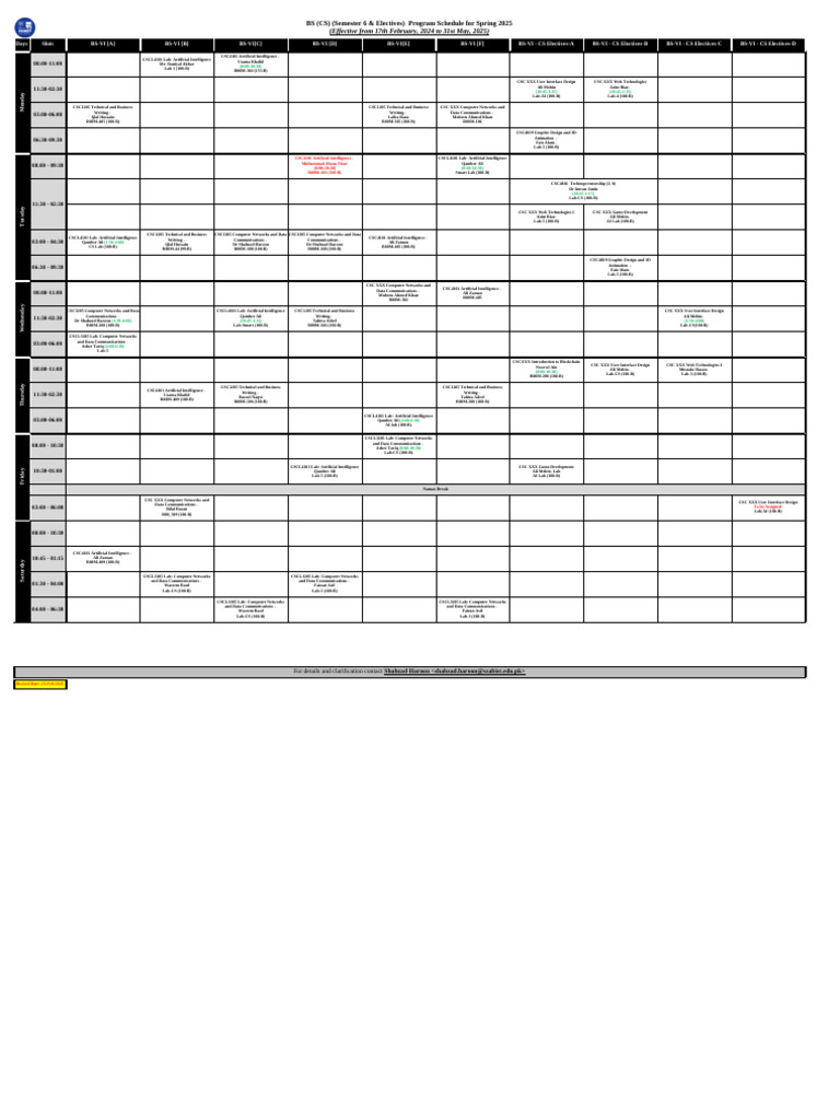 BSCS Semester 6 & 8 Spring 2025 Schedule | PDF | Computer Science ...