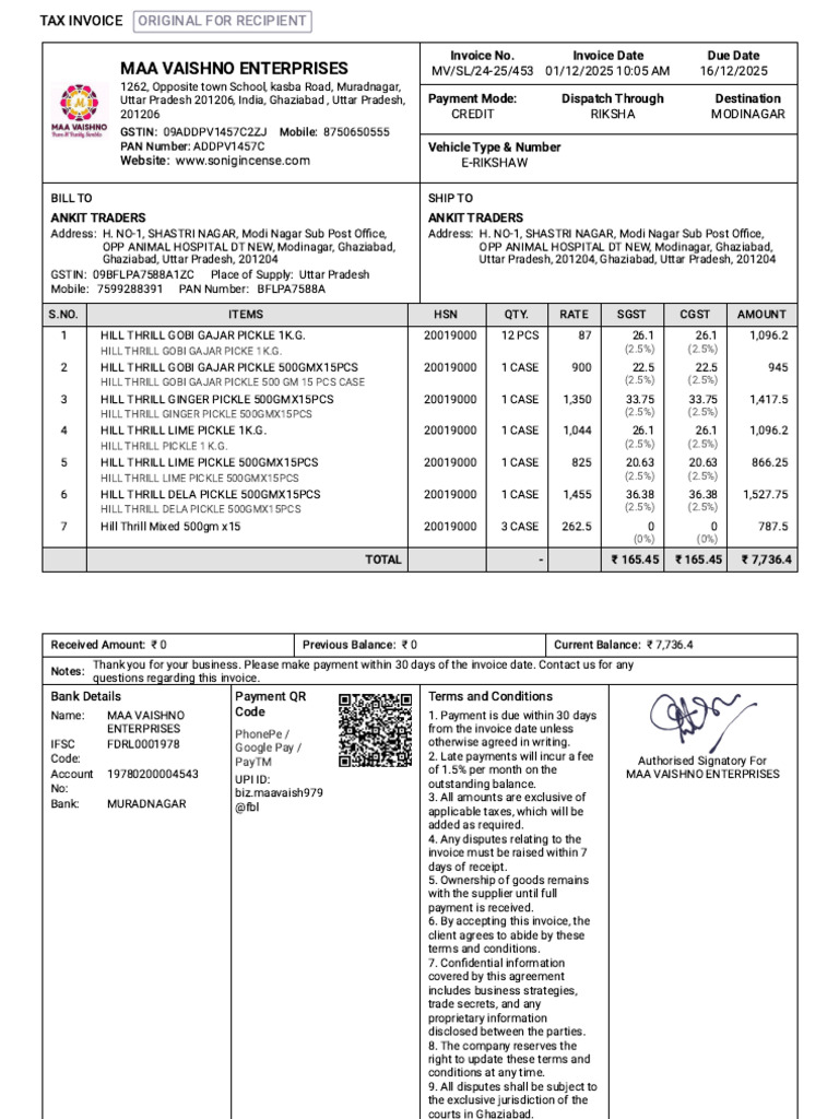 Invoice for Hill Thrill Pickles Sale | PDF | Trade Secret | Payments