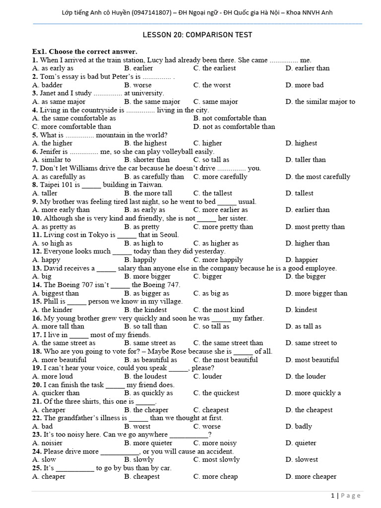 English Comparison Test Exercises | PDF