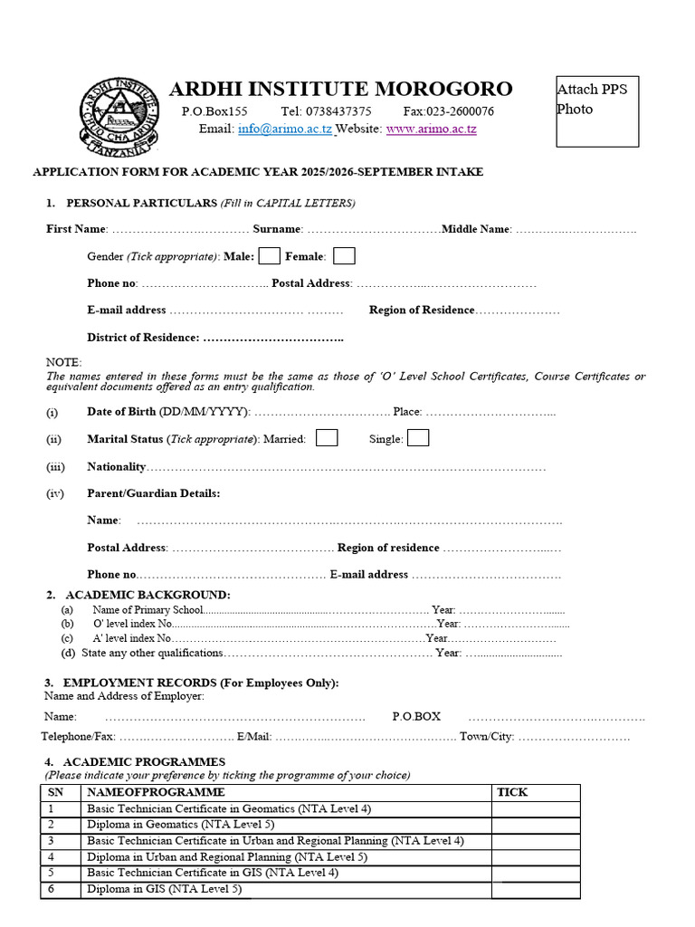 Ardhi Institute Academic Application Form | PDF | Diploma | Geography