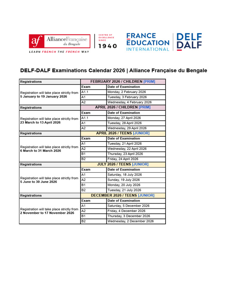 DELF-DALF Exam Schedule 2026 | PDF