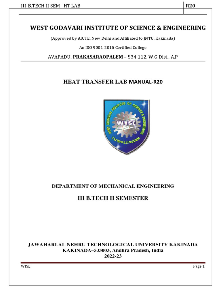 Heat Transfer Lab Manual for B.Tech Students | PDF | Thermal Insulation ...