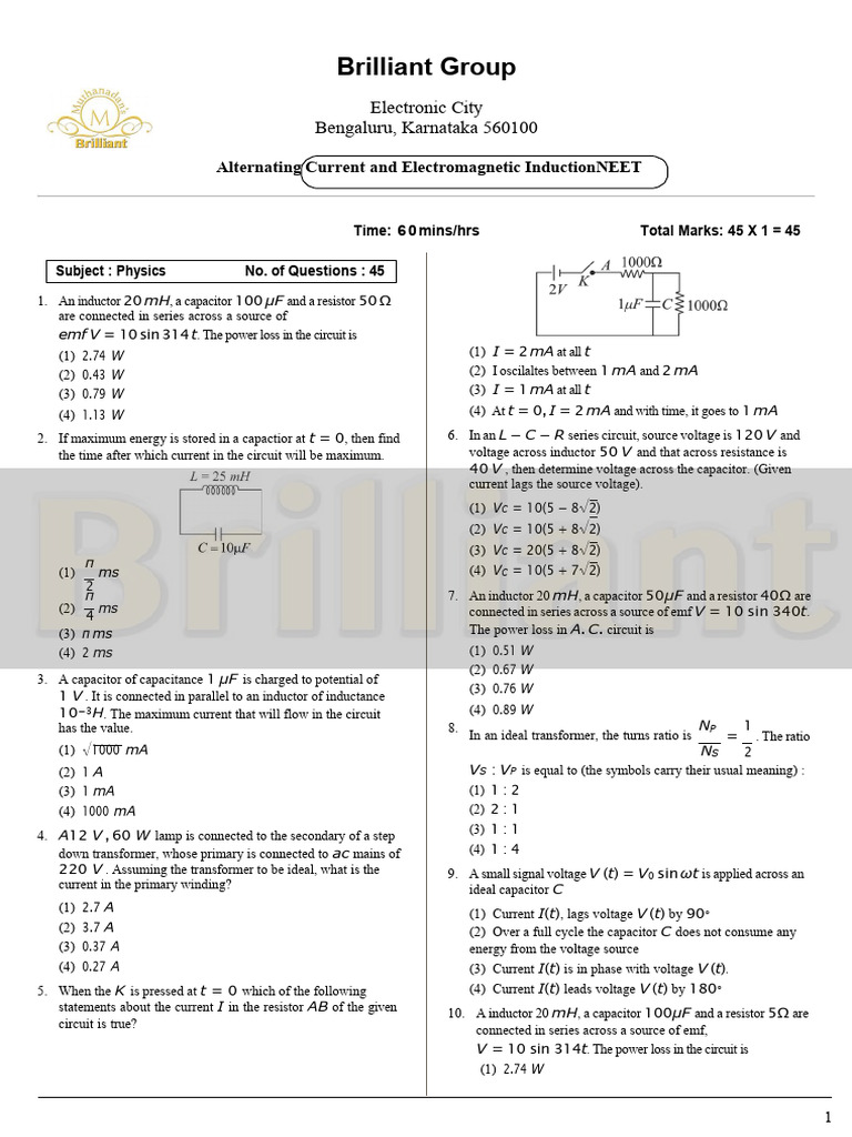 Alternating Current Physics Questions | PDF | Inductor | Electrical Network