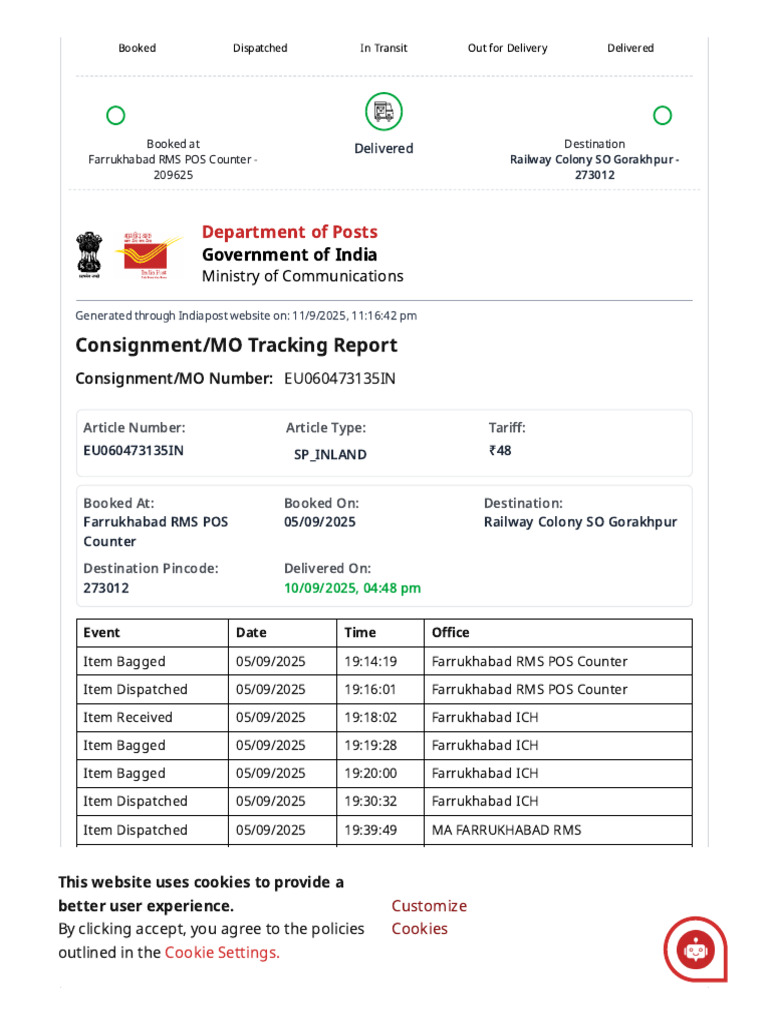 India Post Consignment Tracking Report | PDF | Freight Transport