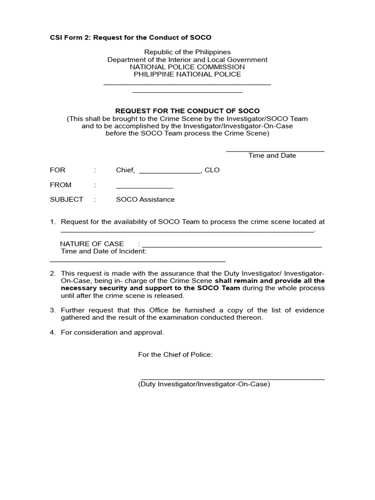 Pdfcoffee.com Csi Form 2 Request for the Conduct of Soco PDF Free | PDF
