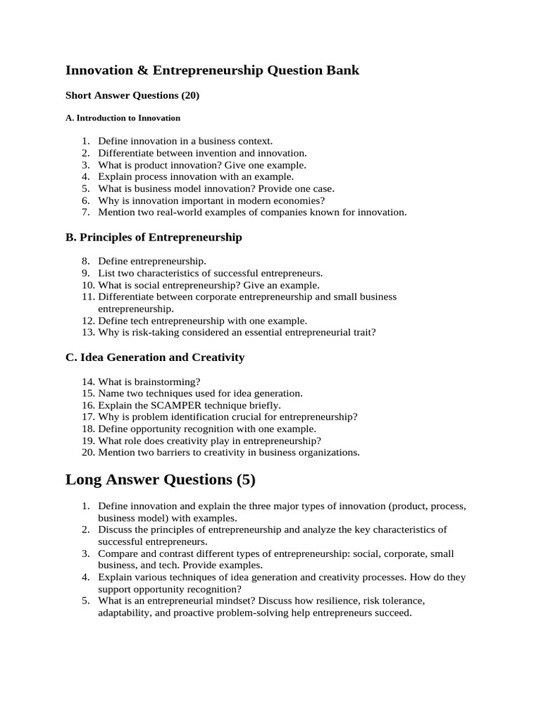 Innovation & Entrepreneurship Question Bank | PDF