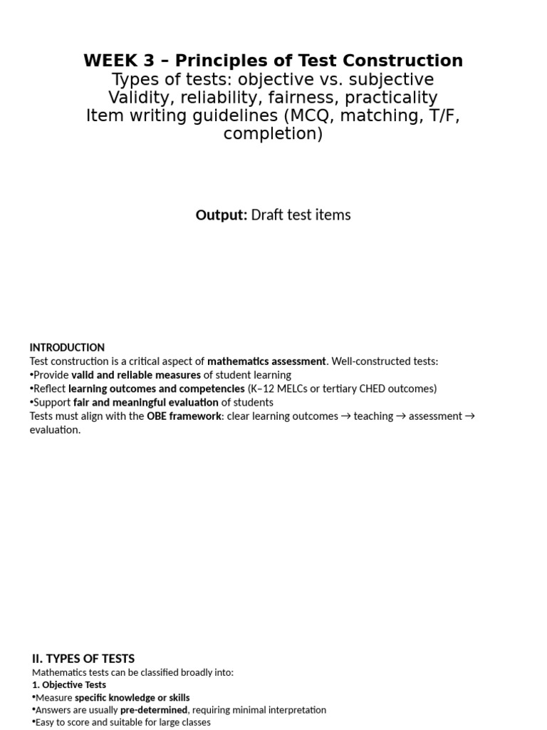 Test Construction Principles in Math | PDF | Multiple Choice | Validity ...
