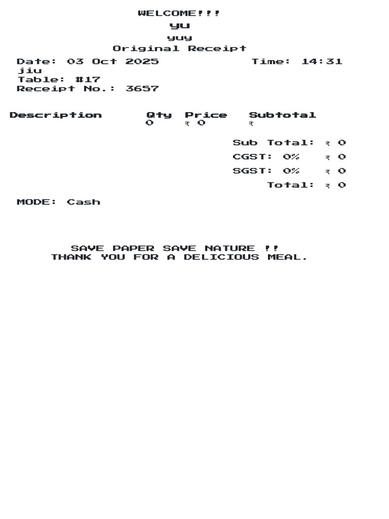 Zero Total Meal Receipt - Table #17 | PDF