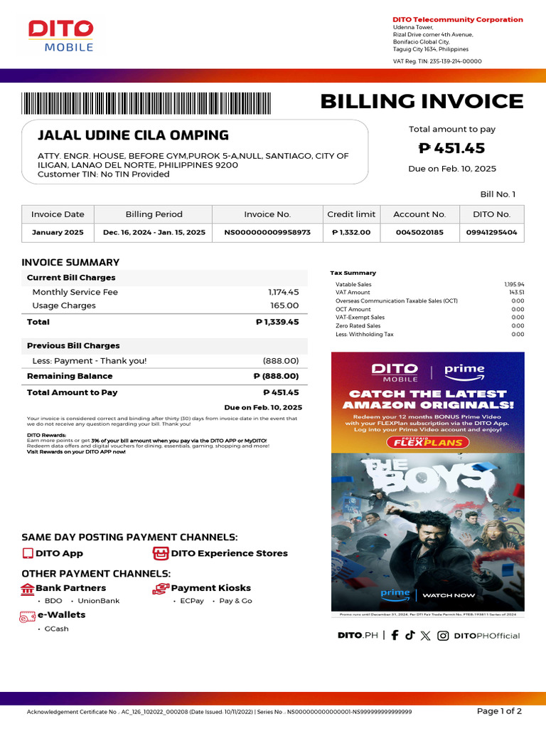Billing Invoice: Jalal Udine Cila Omping | PDF | Value Added Tax | Invoice