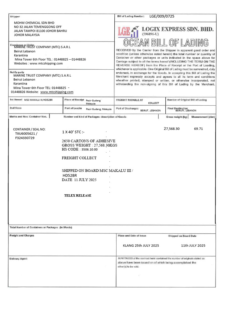 Shipping Details for Adhesive Shipment | PDF