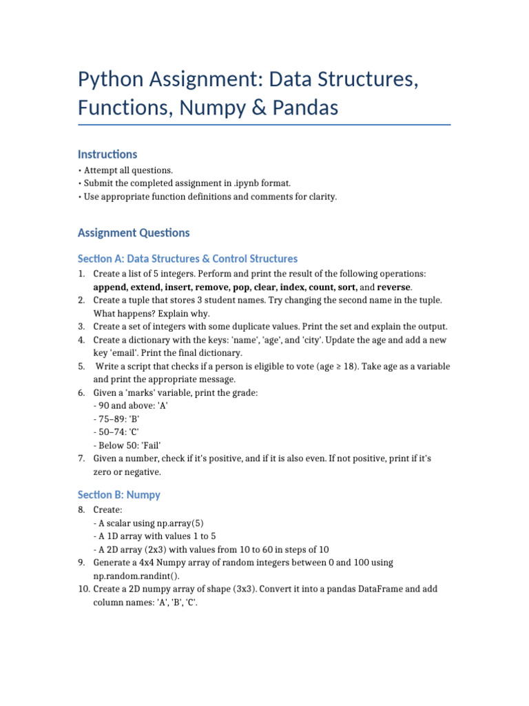 Python Data Structures & Pandas Assignment | PDF