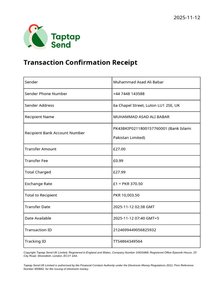 Transaction Confirmation Receipt - £27 Transfer | PDF