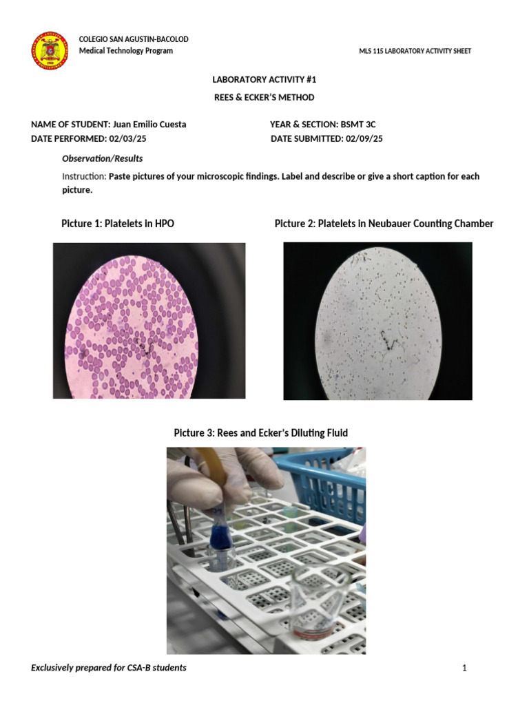 Platelet Counting Lab Activity Guide | PDF | Laboratories | Laboratory ...