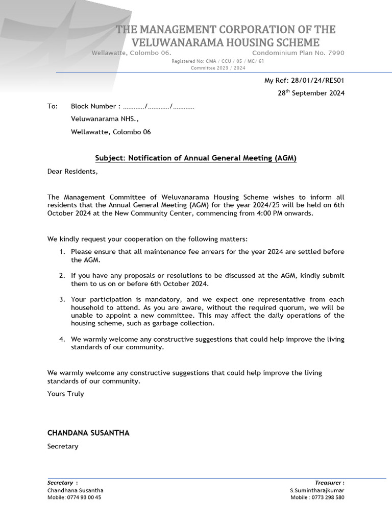 AGM Notification for Veluwanarama Housing | PDF