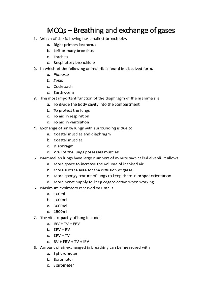 MCQs on Breathing and Gas Exchange | PDF | Respiratory System | Lung