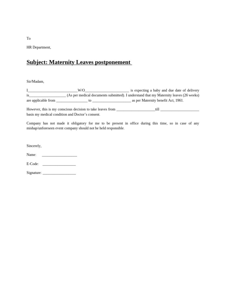Maternity Leave Postponement Request | PDF