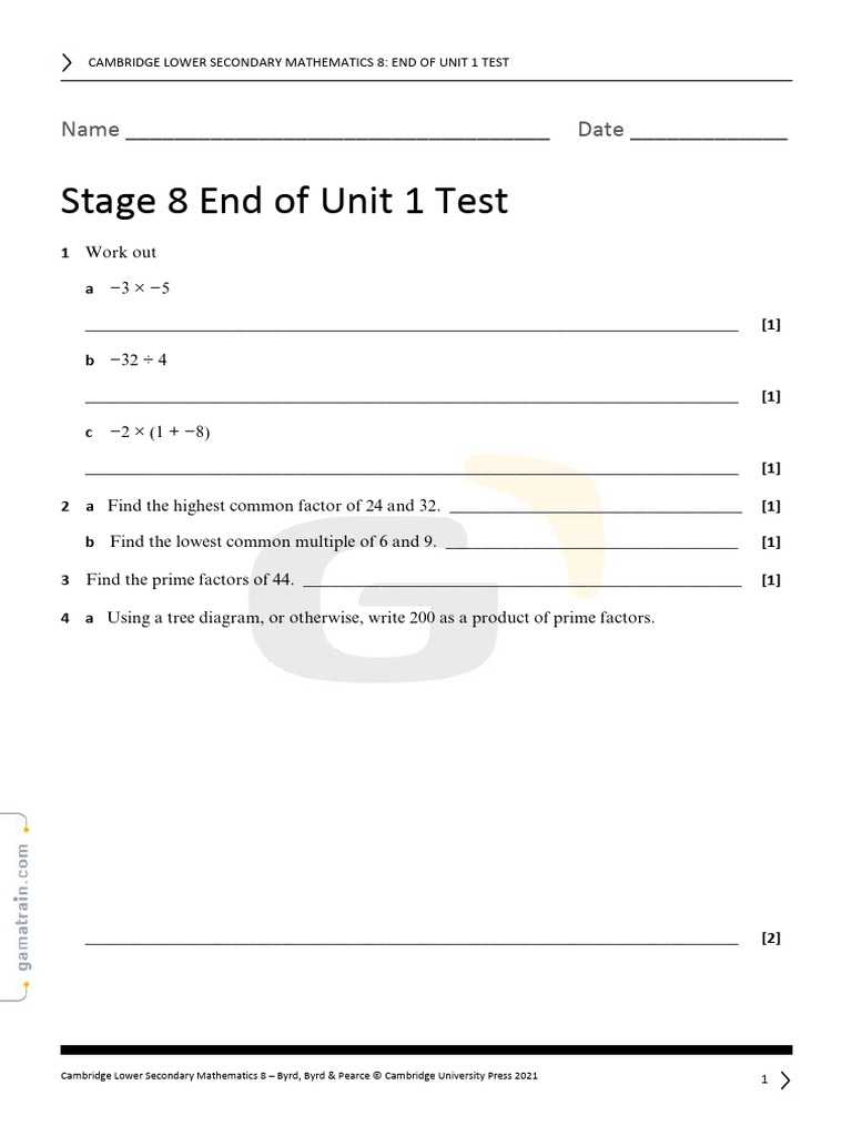 Cambridge Math 8 Unit 1 Test | PDF | Mathematics | Elementary Mathematics