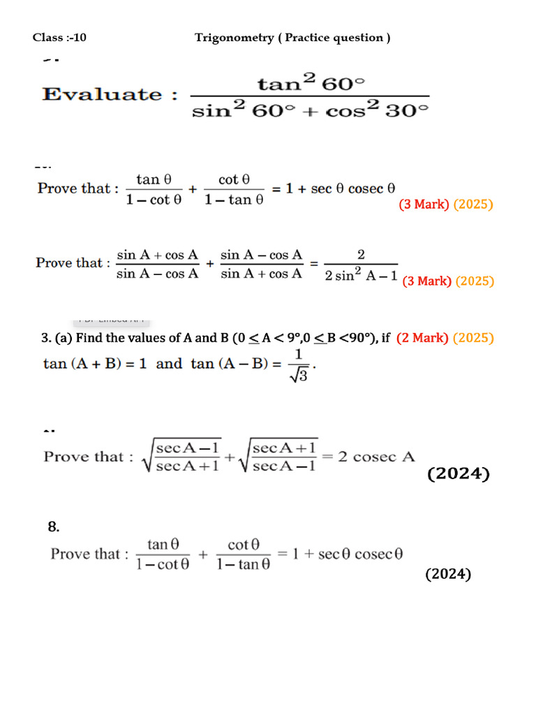 Trignometry Pyq Practice Grade 10 | PDF