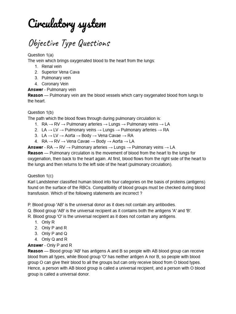 Circulatory System: Key Concepts & Questions | PDF | Circulatory System ...