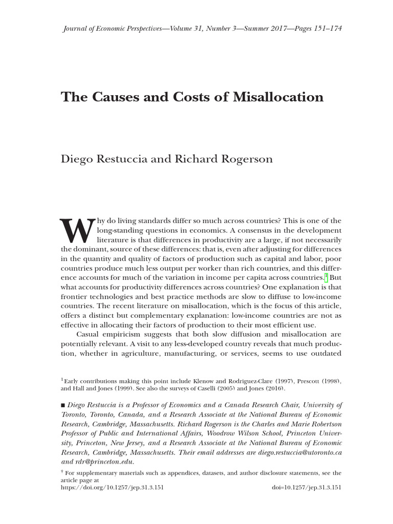 Restuccia Rogerson 2017 The Causes and Costs of Misallocation | PDF ...