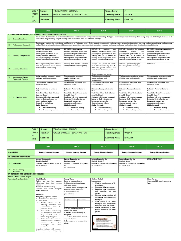 Grade 7 English Poetry Lesson Plan | PDF | Poetry | Lesson