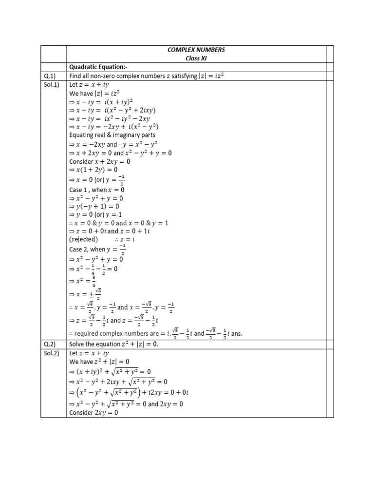 CBSE Class 11 Mathematics Worksheet - Complex Numbers and Quadratic ...