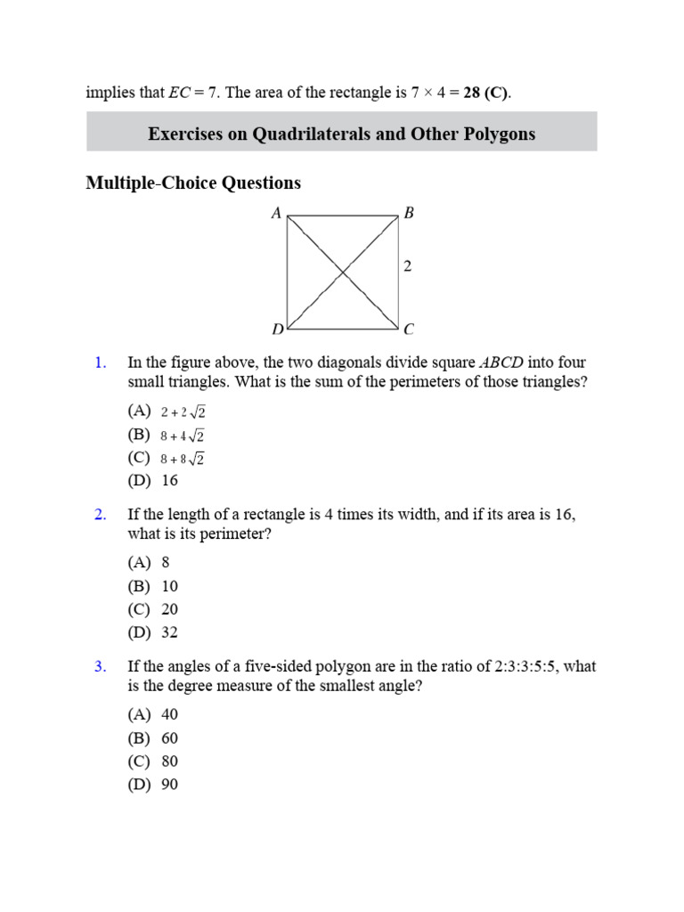 Quadrilateral and Polygon Exercises | PDF | Area | Rectangle