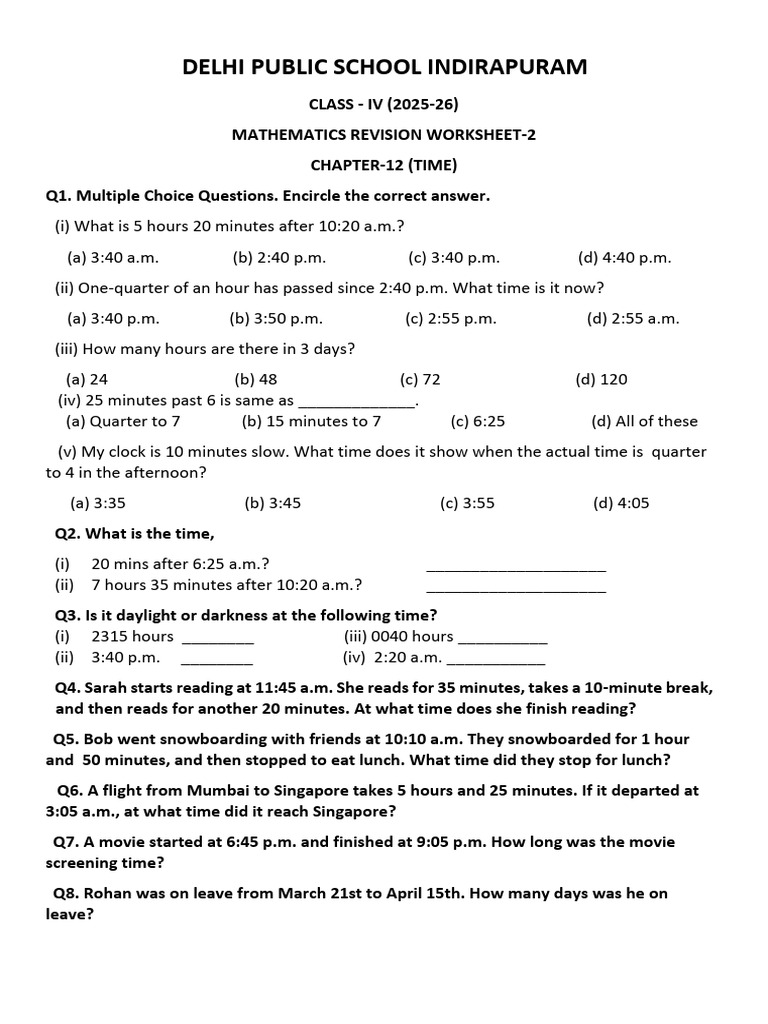 Class IV Math Time Revision Worksheet | PDF