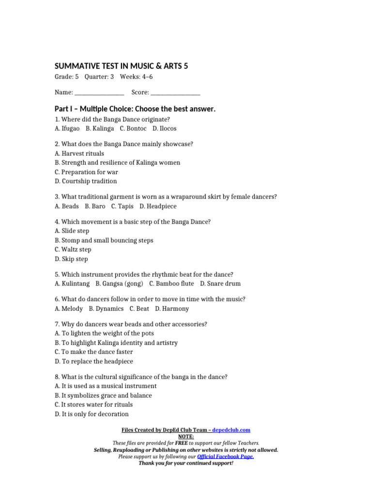 Banga Dance Summative Test for Grade 5 | PDF | Dances | Performing Arts