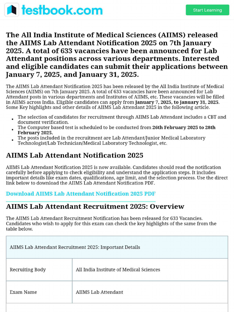 AIIMS Lab Attendant 2025 NotificationExam Info | PDF