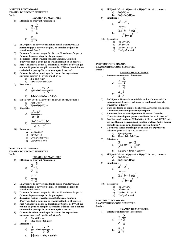 Examen de Mathématiques 8EB - 2ème Semestre | PDF