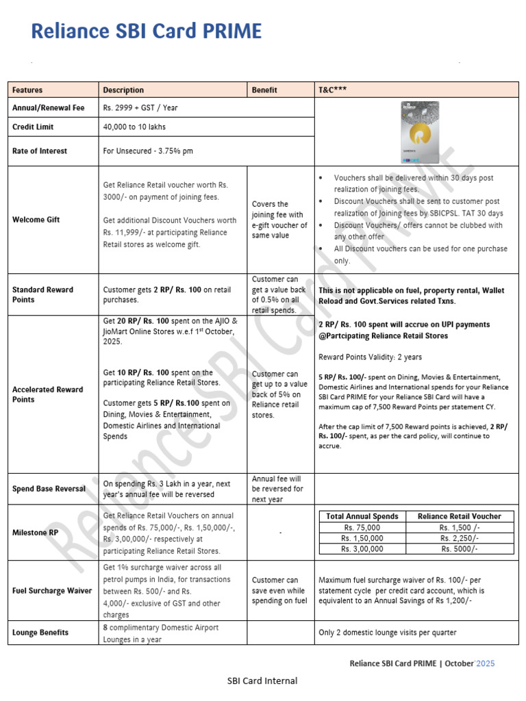 Reliance SBI Card PRIME Features & Benefits | PDF | Credit Card | Fee