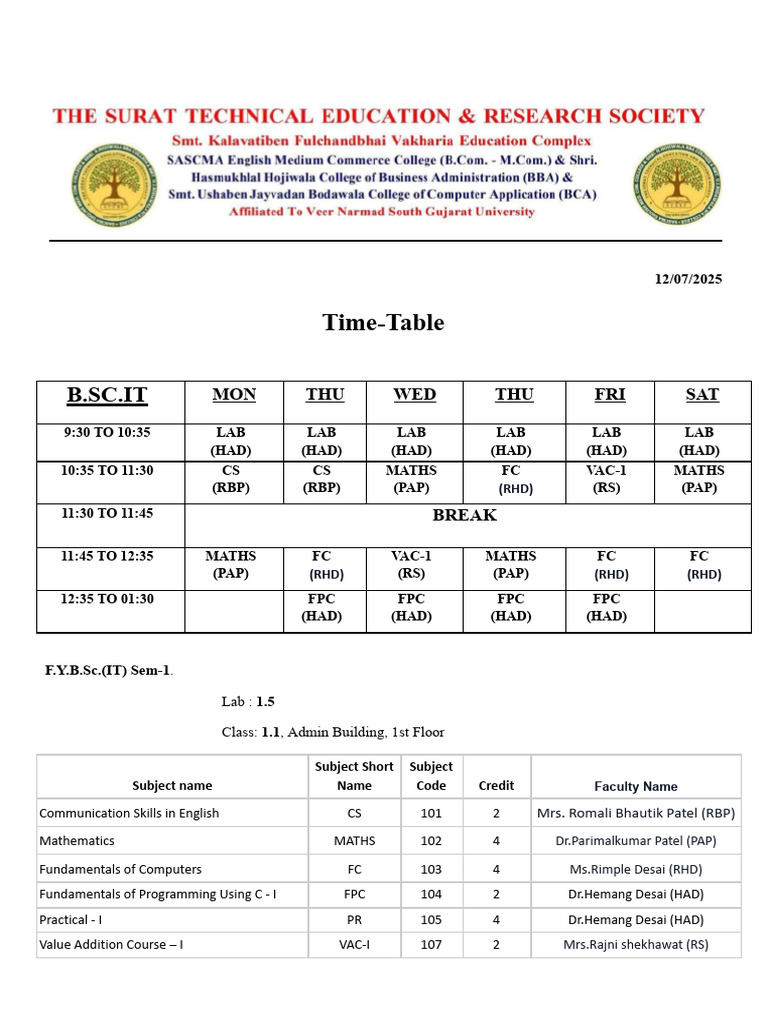 B.Sc. IT Semester 1 Timetable 2025 | PDF