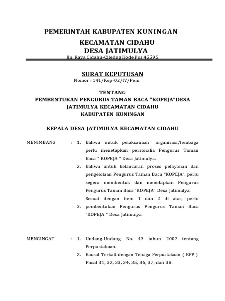 Pembentukan Pengurus Taman Baca KOPEJA | PDF