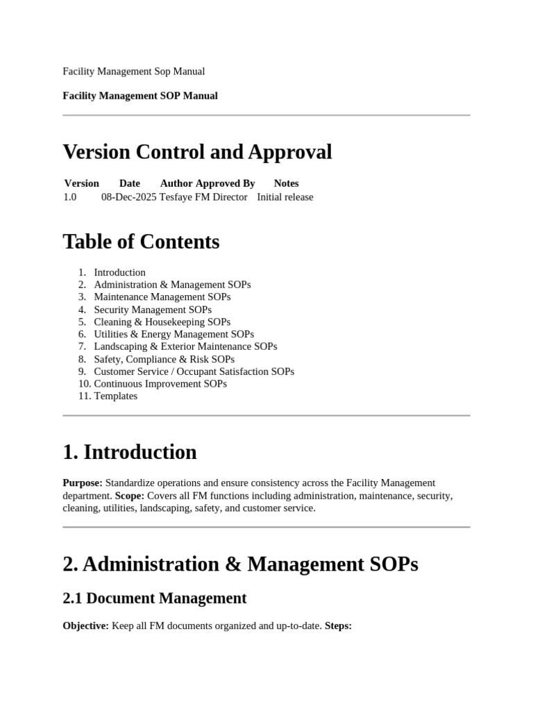 Facility Management SOP Manual Guide | PDF | Housekeeping | Business