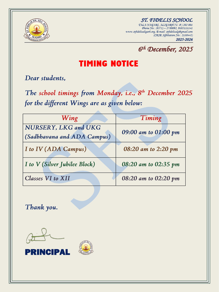St. Fidelis School Timing Notice 2025 | PDF