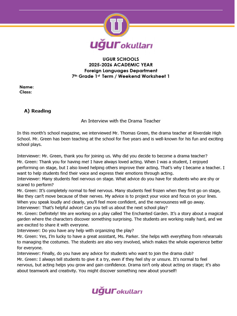 7th Grade Drama Interview Worksheet | PDF