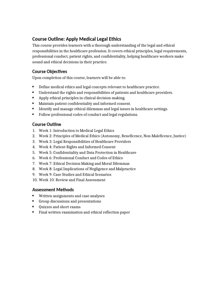 Medical Legal Ethics Course Outline | PDF