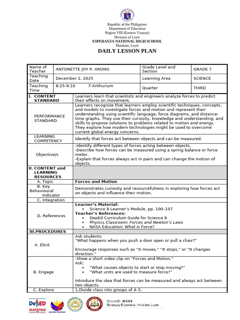 Grade 7 Science Lesson Plan: Forces | PDF | Force | Learning