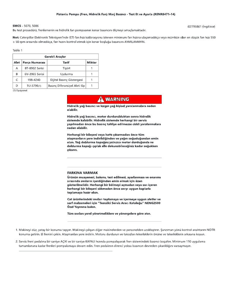 Pistonlu Pompa (Fren, Hidrolik Fan) Marj Basıncı - Test Et Ve Ayarla | PDF