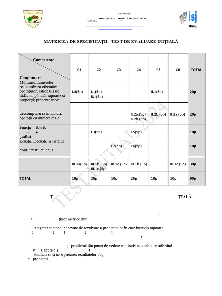 Test Initial cls-9 Matrice Barem-2024final | PDF