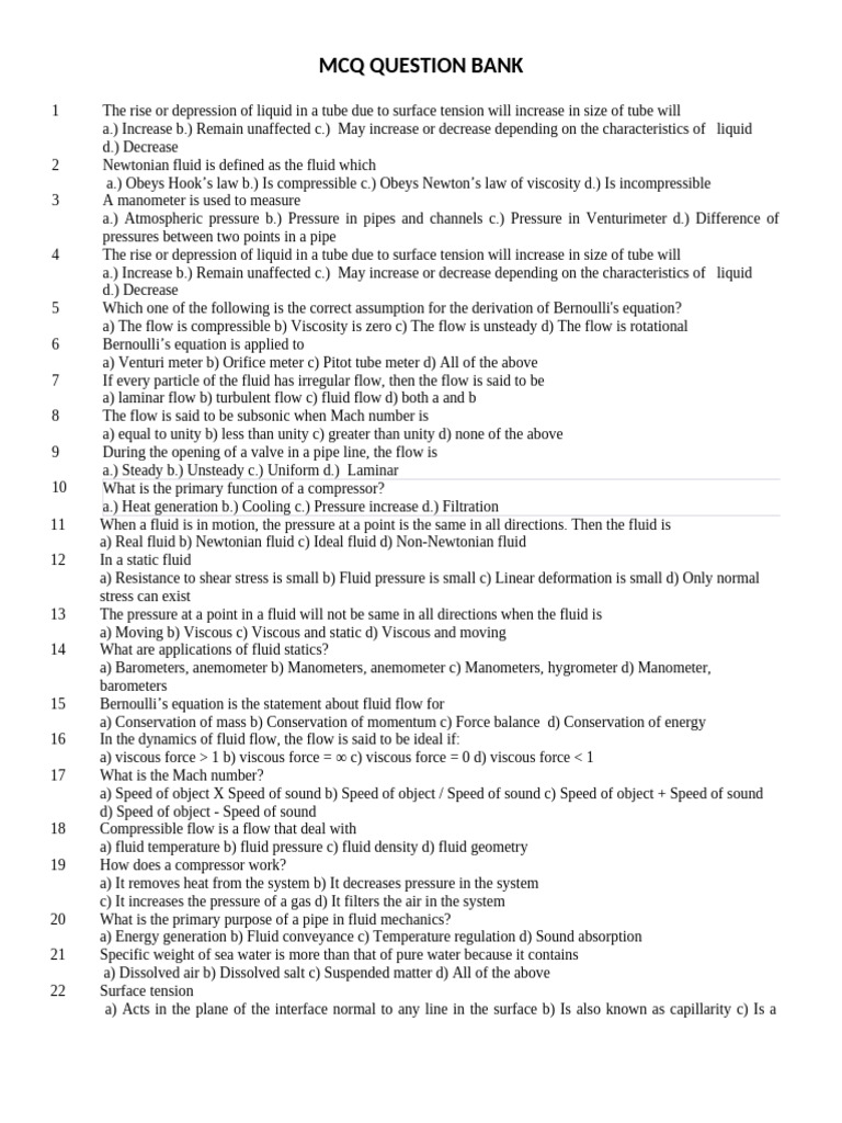 Fluid Mechanics MCQ Question Bank - 060626 | PDF | Fluid Dynamics ...