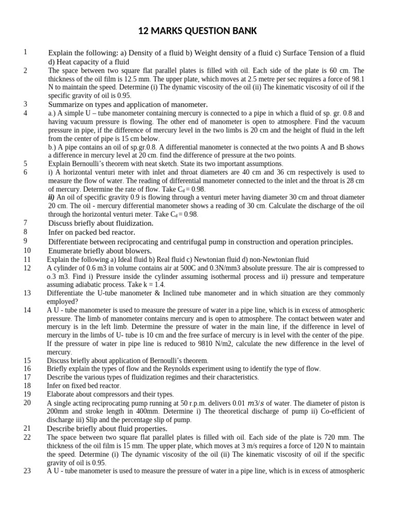Fluid Mechanics Question Bank | PDF | Pressure Measurement | Pressure